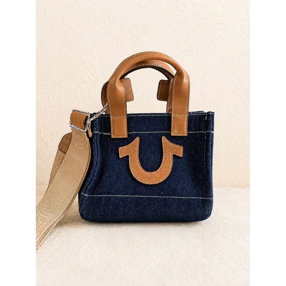 True Religion Denim Mini Tote Bag Y2K Crossbody Dark Wash Blue Tan NWOT